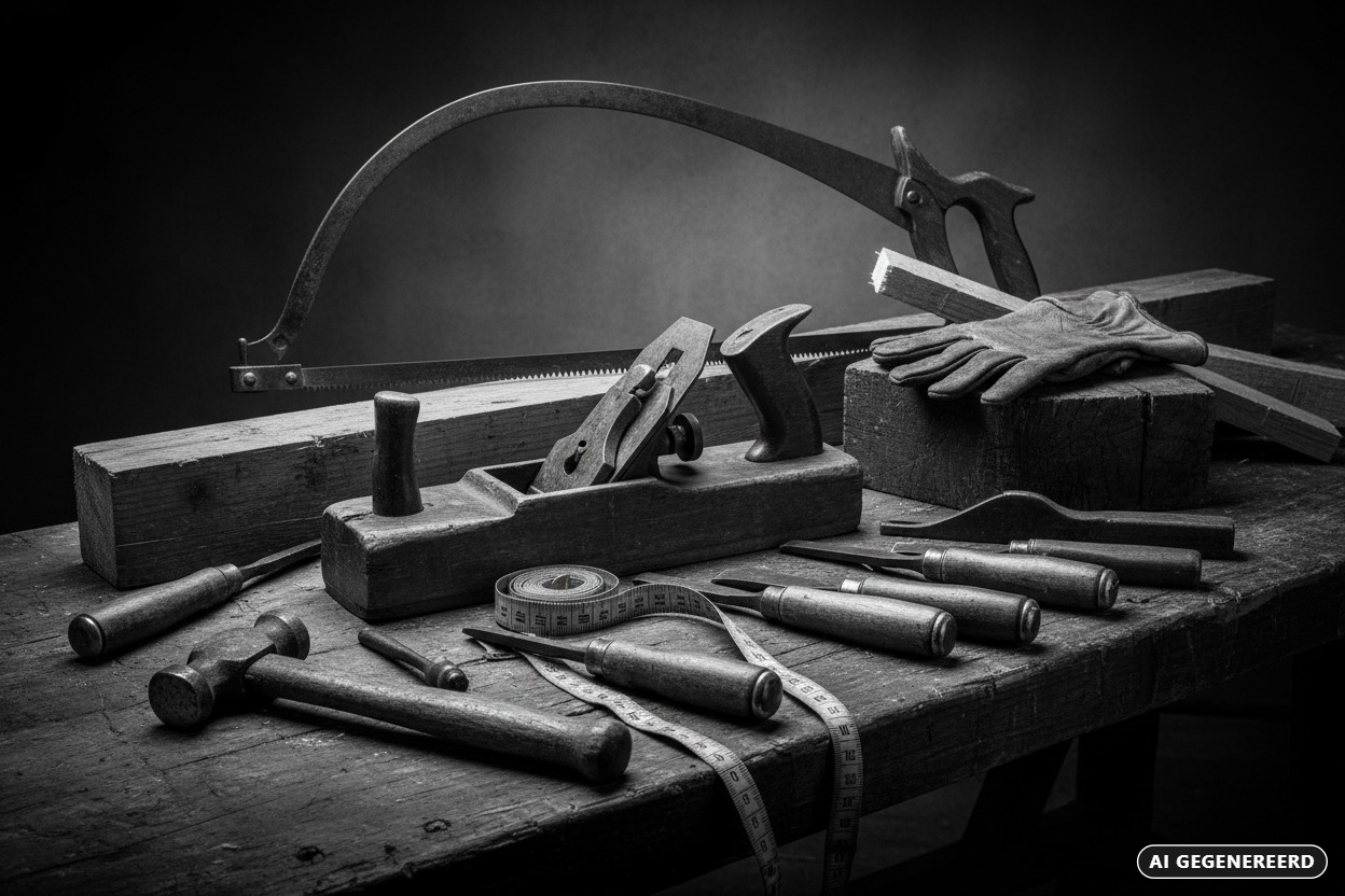 AI gegenereerd: Een verzameling vintage timmermansgereedschap, waaronder een schaaf, beitels, een hamer en een meetlint, ligt uitgestald op een houten werkbank.